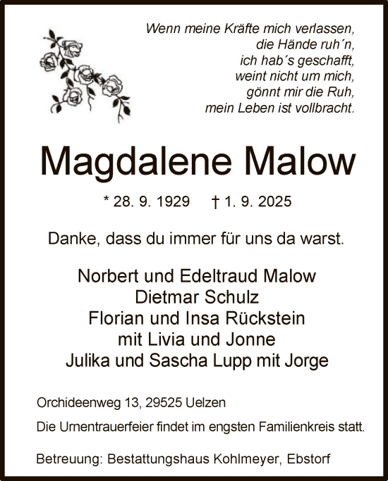 Traueranzeige von Magdalene Malow von AZ