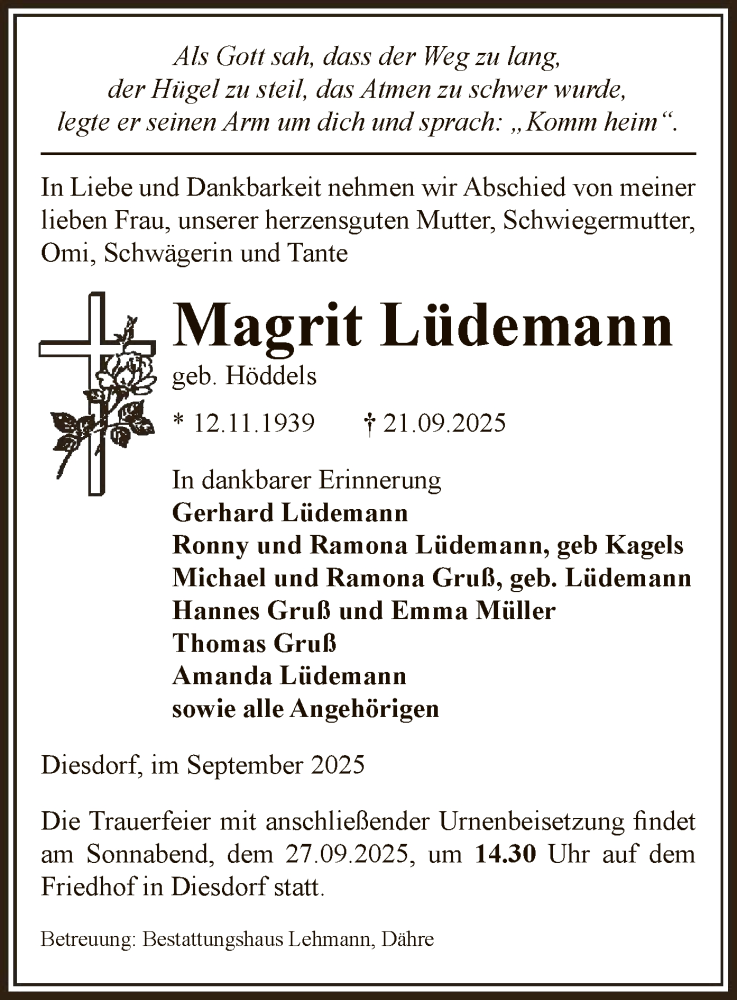  Traueranzeige für Magrit Lüdemann vom 23.09.2025 aus AMZ