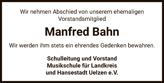Traueranzeige von Manfred Bahn von AZ