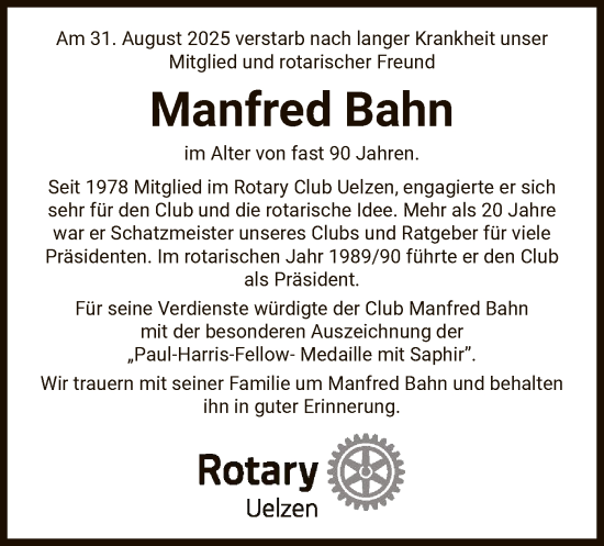 Traueranzeige von Manfred Bahn von AZ