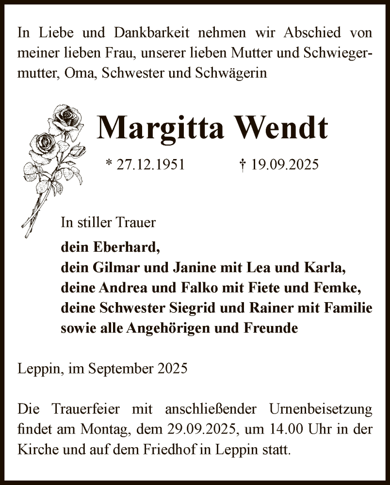  Traueranzeige für Margitta Wendt vom 24.09.2025 aus AMZ