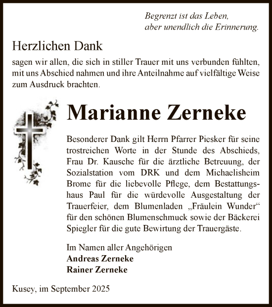 Traueranzeige von Marianne Zerneke von AMZ