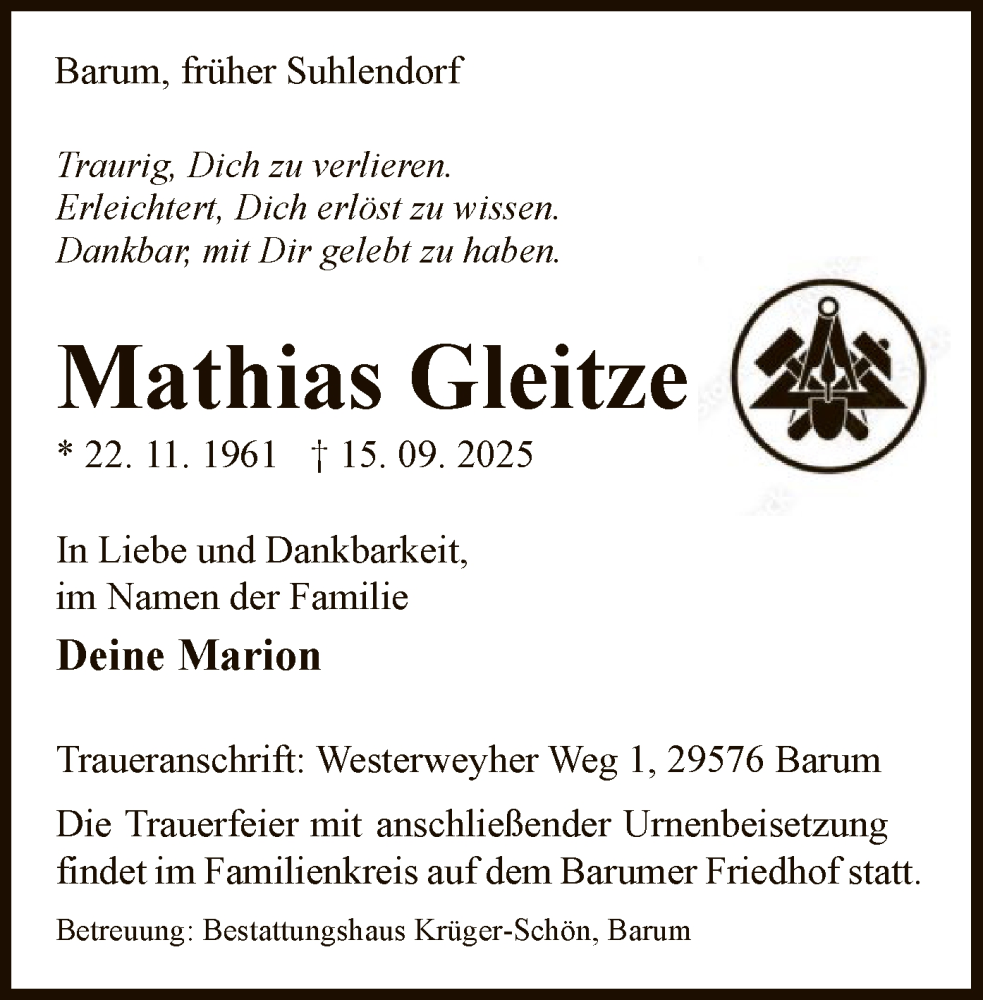  Traueranzeige für Mathias Gleitze vom 20.09.2025 aus AZ