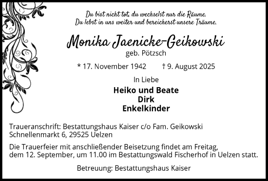 Traueranzeige von Monika Jaenicke-Geikowski von AZ