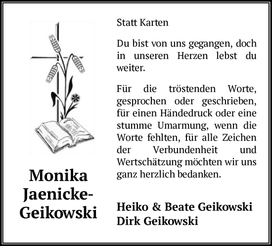 Traueranzeige von Monika Jaenicke-Geikowski von AZ
