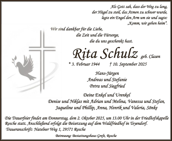 Traueranzeige von Rita Schulz von AZ