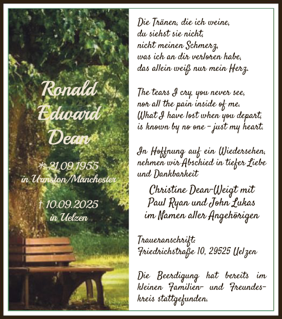 Traueranzeige von Ronald Edward Dean von AZ