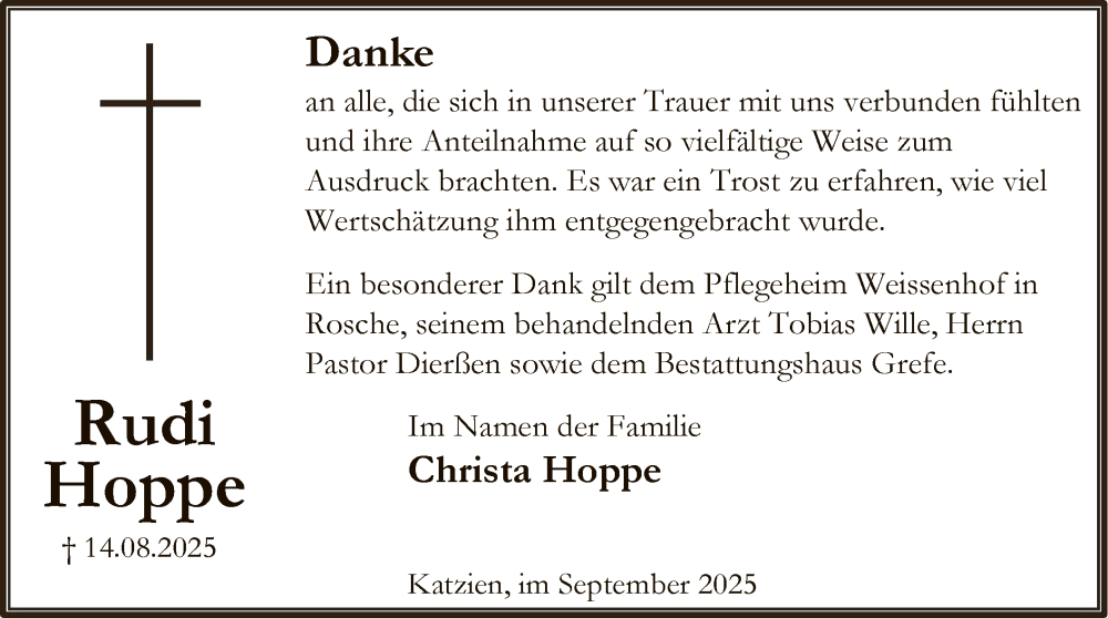  Traueranzeige für Rudi Hoppe vom 20.09.2025 aus AZ