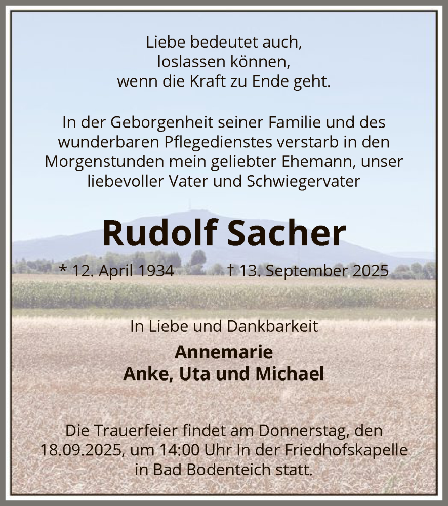  Traueranzeige für Rudolf Sacher vom 16.09.2025 aus AZ