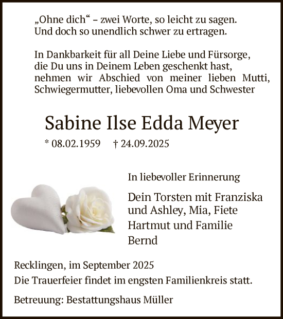 Traueranzeige von Sabine Ilse Edda Meyer von AMZ