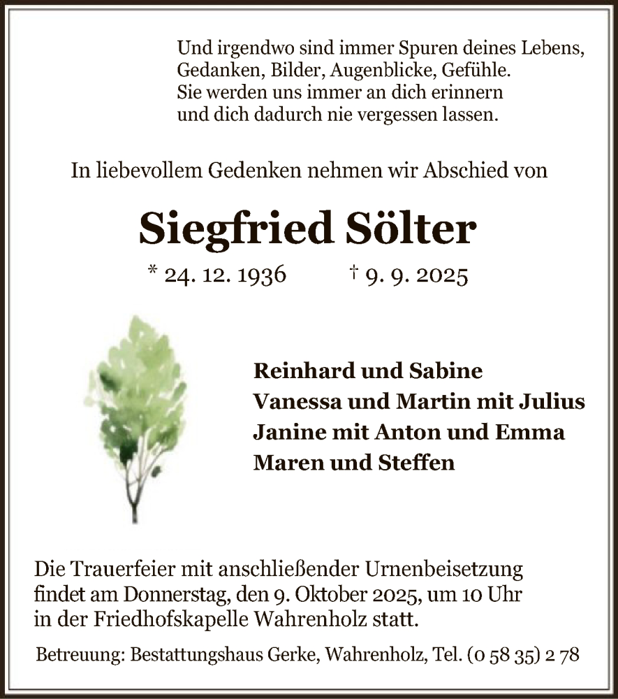  Traueranzeige für Siegfried Sölter vom 20.09.2025 aus IK