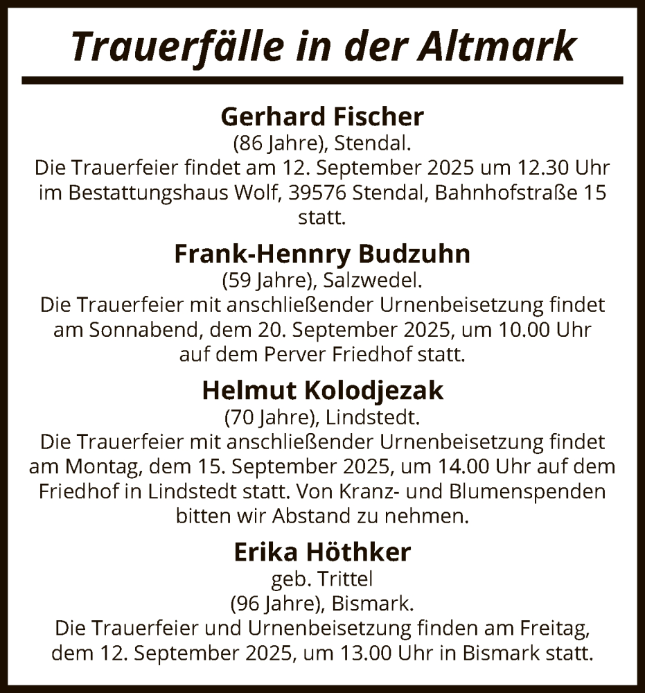 Traueranzeige für Sterbetafel vom 11.09.2025 vom 11.09.2025 aus AMZ