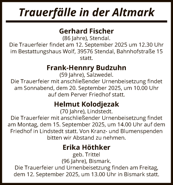 Traueranzeige von Sterbetafel vom 11.09.2025 von AMZ