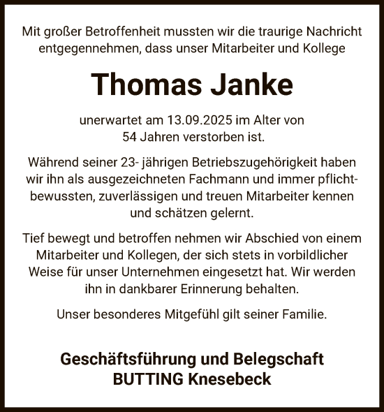Traueranzeige von Thomas Janke von IK