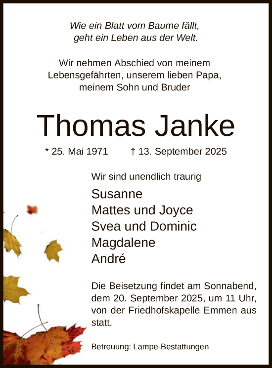 Traueranzeige von Thomas Janke von IK