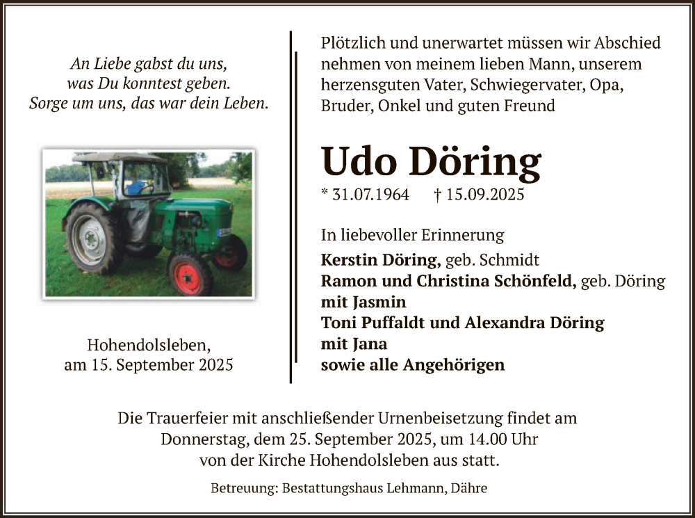  Traueranzeige für Udo Döring vom 18.09.2025 aus AMZ
