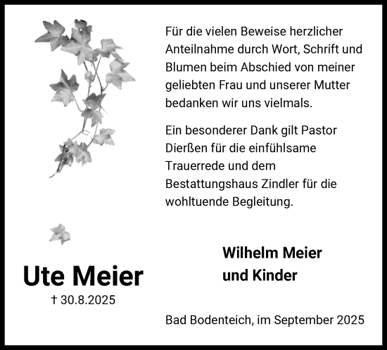 Traueranzeige von Ute Meier von AZ