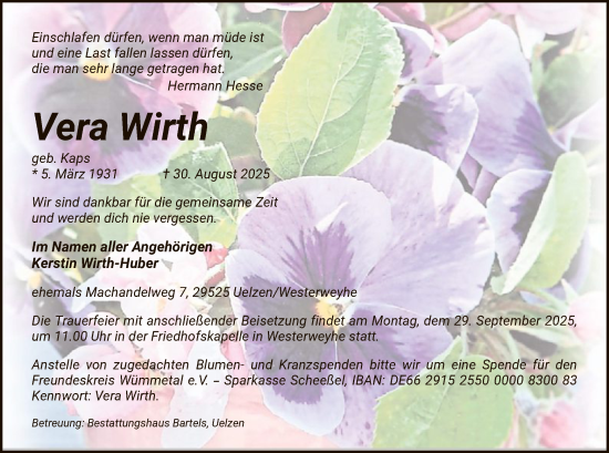 Traueranzeige von Vera Wirth von AZ