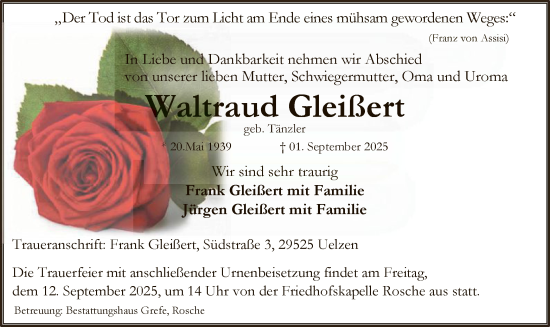 Traueranzeige von Waltraud Gleißert von AZ