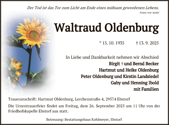 Traueranzeige von Waltraud Oldenburg von AZ
