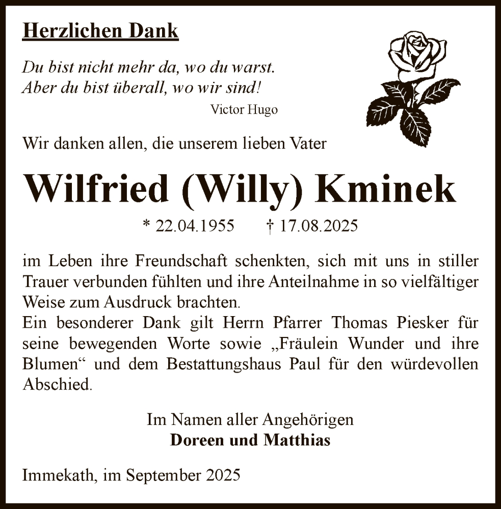  Traueranzeige für Wilfried Kminek vom 13.09.2025 aus AMZ