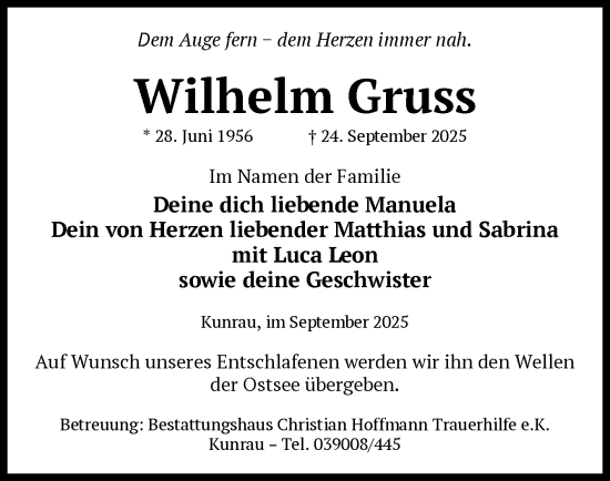Traueranzeige von Wilhelm Gruss von AMZ