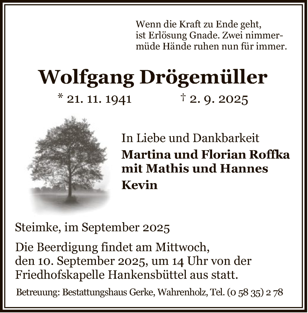  Traueranzeige für Wolfgang Drögemüller vom 06.09.2025 aus IK