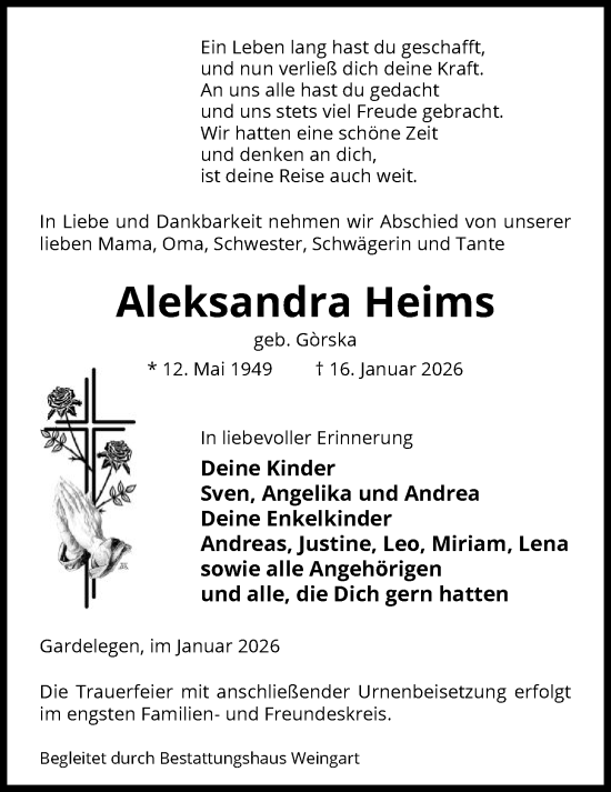 Traueranzeige von Aleksandra Heims von AMZ