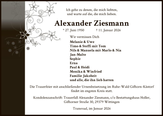 Traueranzeige von Alexander Ziesmann von IK