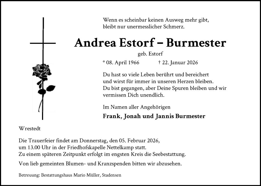  Traueranzeige für Andrea Estorf - Burmester vom 31.01.2026 aus AZ