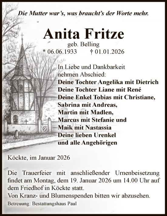 Traueranzeige von Anita Fritze von AMZ