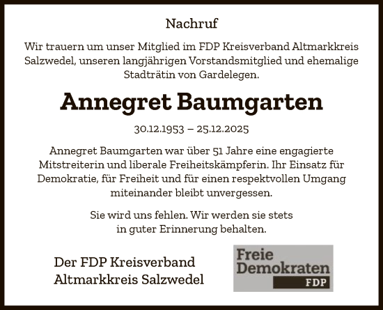 Traueranzeige von Annegret Baumgarten von AMZ