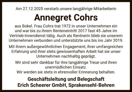 Traueranzeige von Annegret Cohrs von IK