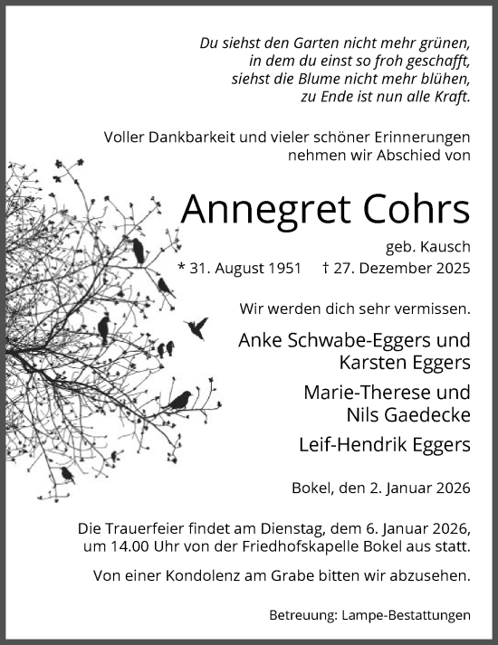 Traueranzeige von Annegret Cohrs von IK