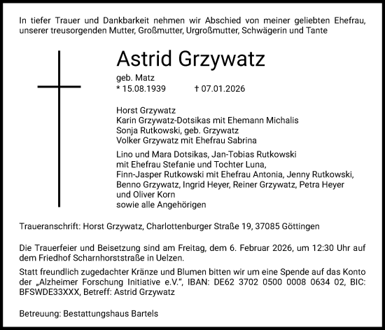 Traueranzeige von Astrid Grzywatz von AZ