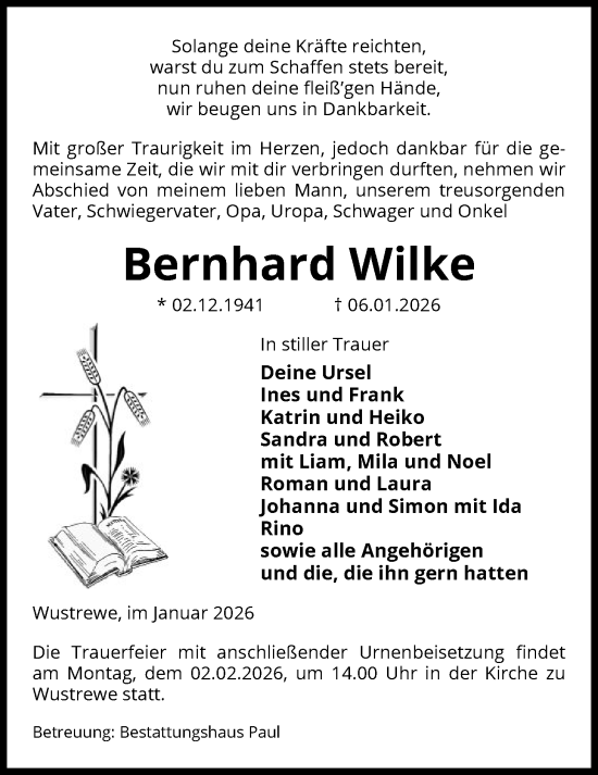 Traueranzeige von Bernhard Wilke von AMZ