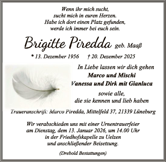 Traueranzeige von Brigitte Piredda von AZ