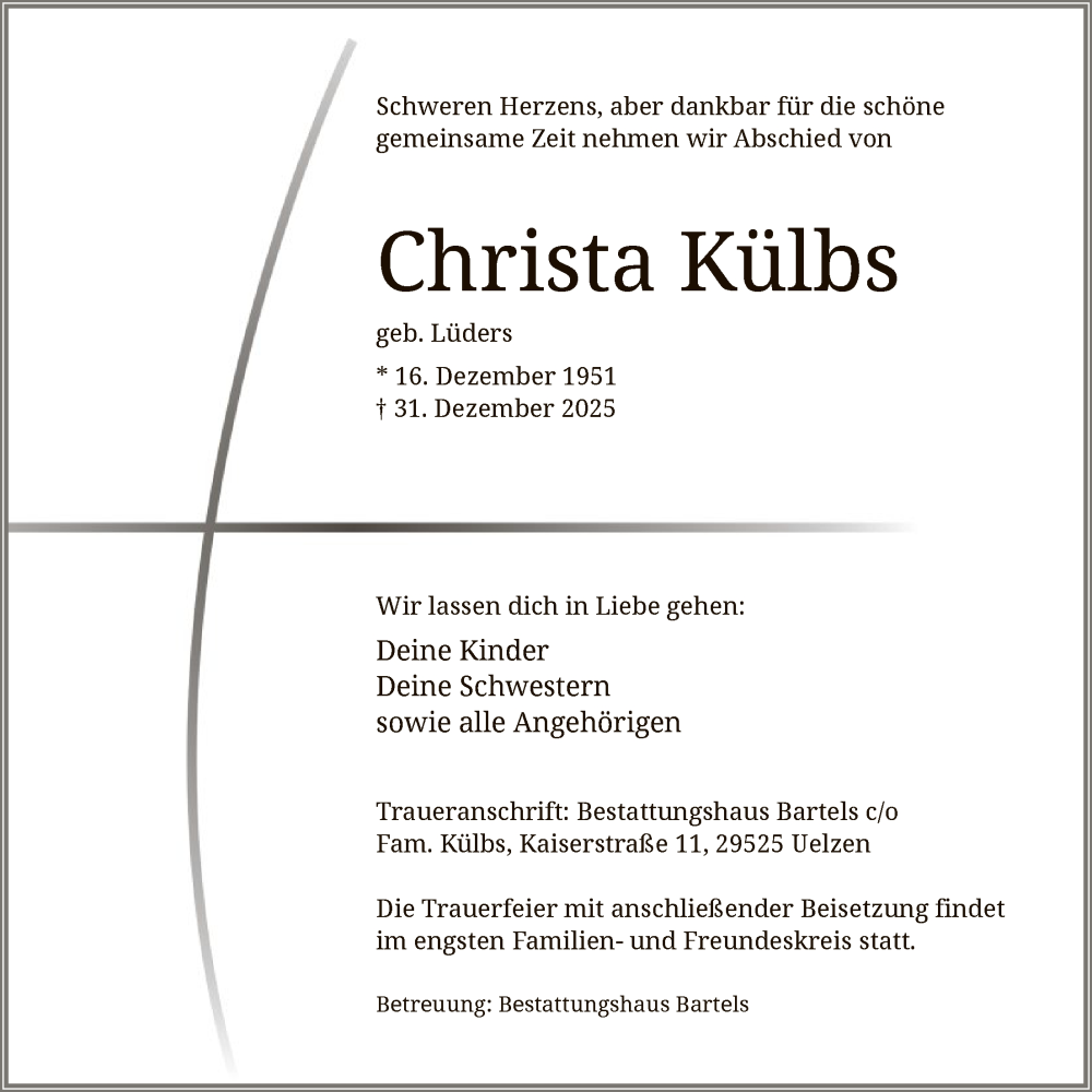  Traueranzeige für Christa Külbs vom 10.01.2026 aus AZ