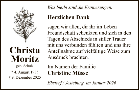 Traueranzeige von Christa Moritz von AZ