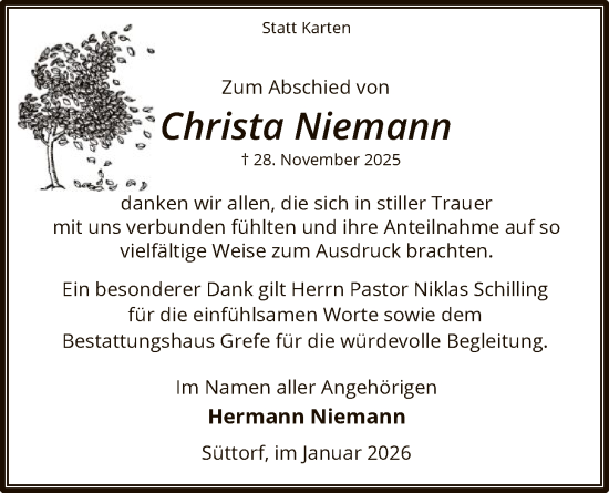 Traueranzeige von Christa Niemann von AZ