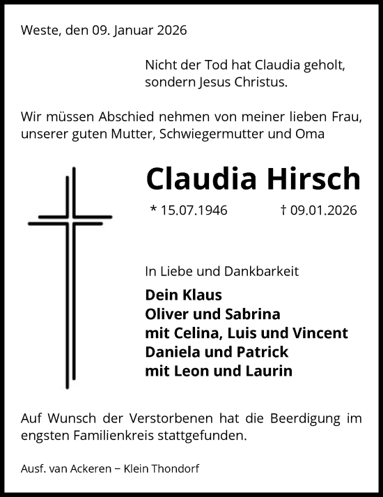 Traueranzeige von Claudia Hirsch von AZ