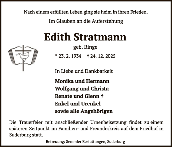 Traueranzeige von Edith Stratmann von AZ