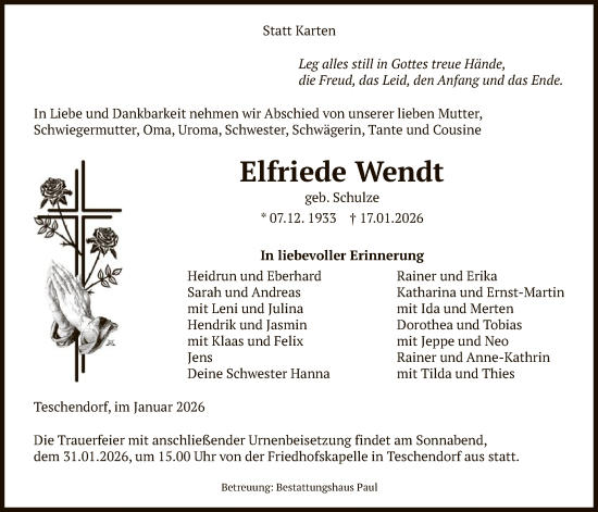 Traueranzeige von Elfriede Wendt von IK