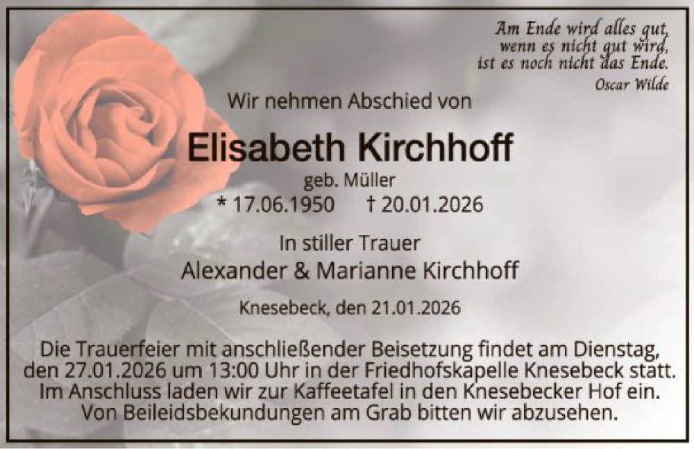 Traueranzeige für Elisabeth Kirchhoff vom 23.01.2026 aus IK