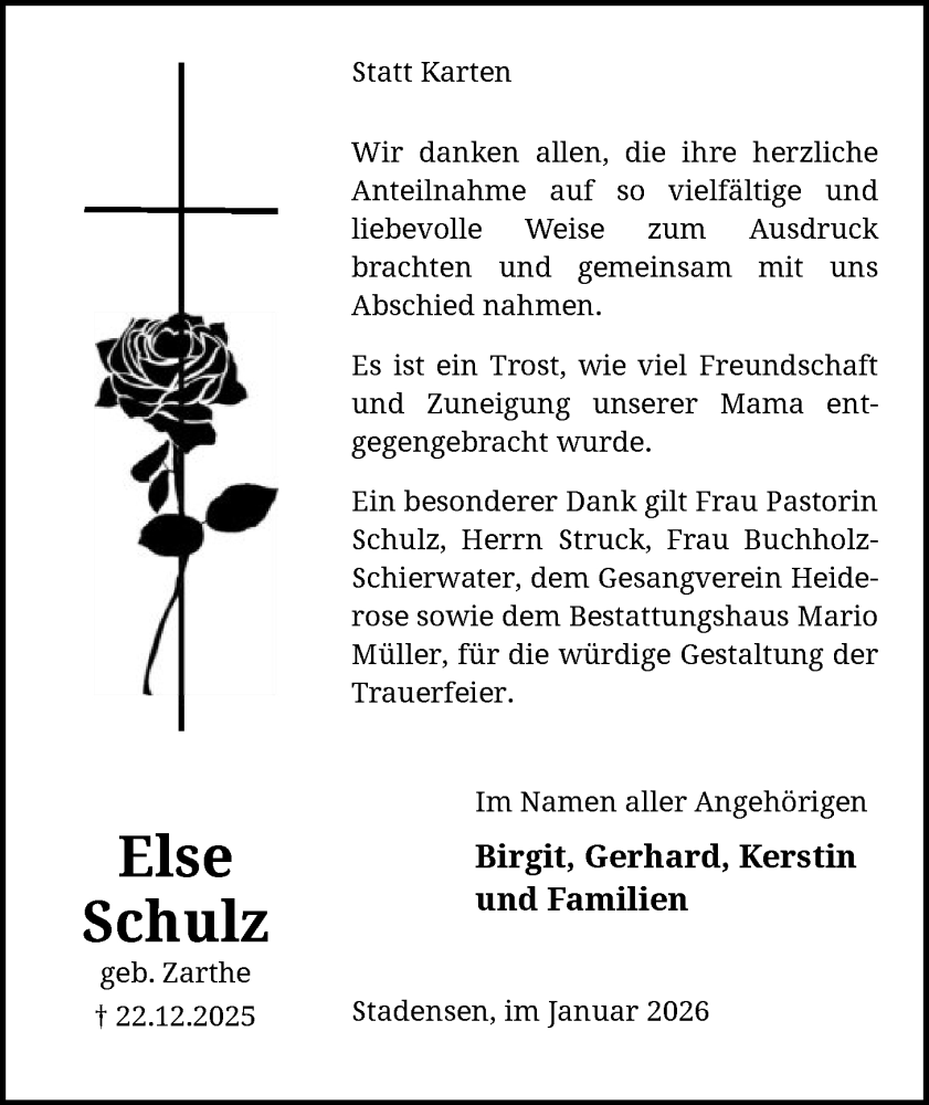  Traueranzeige für Else Schulz vom 31.01.2026 aus AZ