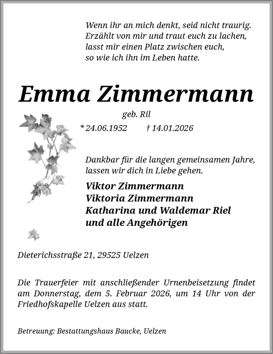 Traueranzeige von Emma Zimmermann von AZ