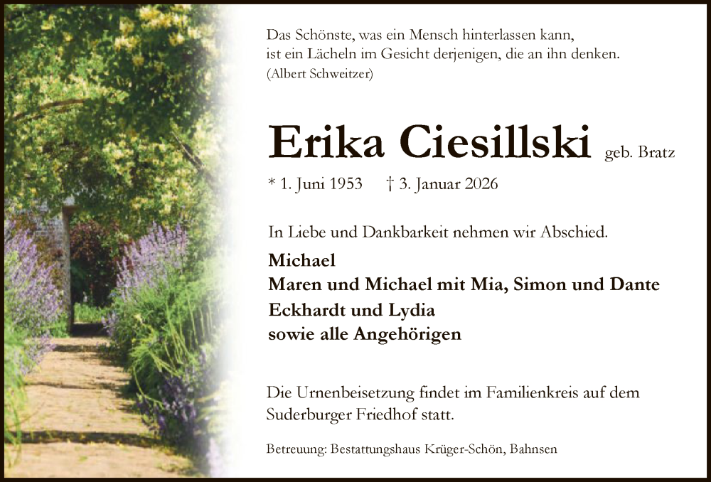  Traueranzeige für Erika Ciesilski vom 10.01.2026 aus AZ
