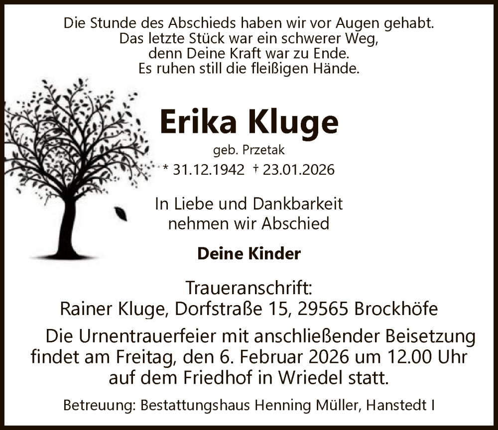  Traueranzeige für Erika Kluge vom 31.01.2026 aus AZ