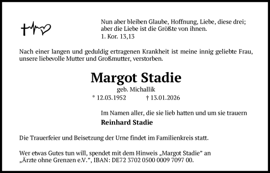 Traueranzeige von Margot Stadie von AZ