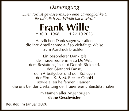 Traueranzeige von Frank Wille von AMZ